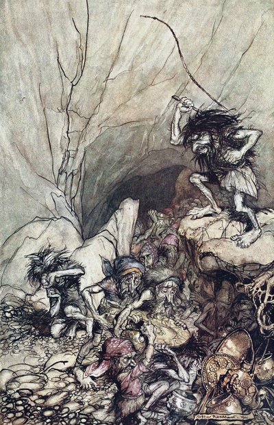 Alberich jedzie w bandzie Niblungów obładowanych złotymi i srebrnymi skarbami. Ilustracja do Rhi autorstwa Arthur Rackham