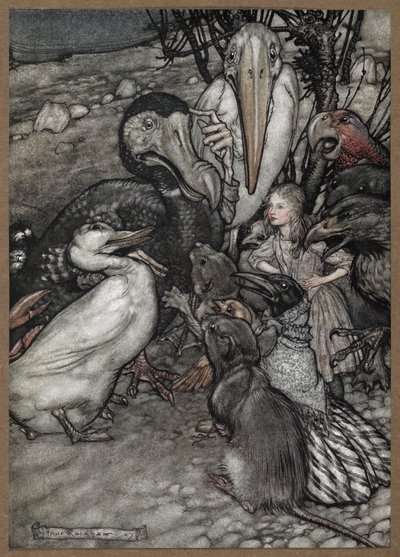 Alice i zwierzęta po wyścigu Caucus, w tym dodo, kaczka, szczur, wrona i papuga. autorstwa Arthur Rackham