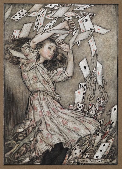 Alicja i spadająca talia kart autorstwa Arthur Rackham