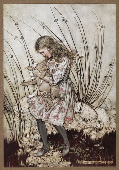Alicja i świnka przebrani za niemowlę autorstwa Arthur Rackham
