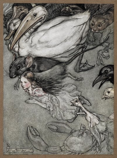 Alicja i różne zwierzęta pływające, w tym szczur, kaczka, dodo, wrona, łasica, krab i pisklę. autorstwa Arthur Rackham