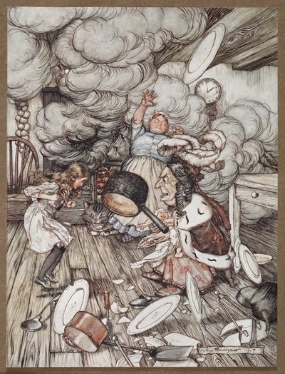 Alicja w kuchni z księżną, kucharką i kotem z Cheshire autorstwa Arthur Rackham