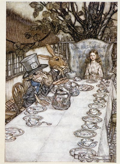 Alicja bierze „” w głupców””” (Kapelusznik i Mars Lievre) - w „” Przygody Alicji w Krainie Czarów””, Lewis Carroll, chory. autorstwa Arthura Rackhama (1867-1939) autorstwa Arthur Rackham