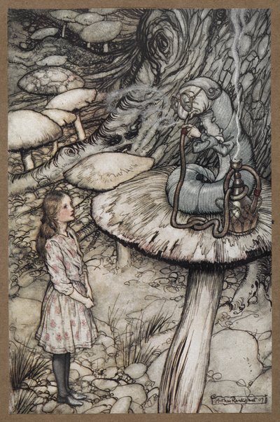 Alicja rozmawia z Gąsienicą, która siedzi na grzybie i pali fajkę autorstwa Arthur Rackham