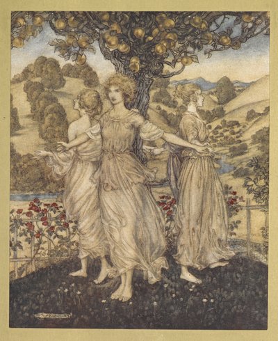 Wszystko pośród jarmarku w ogrodzie, Hesperus i jego trzy córki, które śpiewają o złotym drzewie”. autorstwa Arthur Rackham