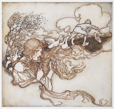 Ilustracja przedstawiająca dziewczynę czeszącą włosy gęsiami i chłopcem w tle, z filmu The Goosegirl. autorstwa Arthur Rackham