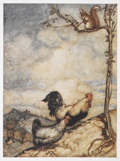 Ilustracja przedstawiająca kurę, koguta i wiewiórkę z Przygód Chanticleera i Partleta. autorstwa Arthur Rackham