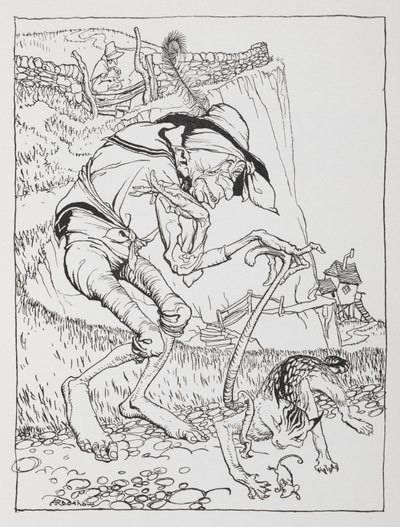 Stary krzywy człowiek ze swoim krzywym kotem i krzywym domem. autorstwa Arthur Rackham