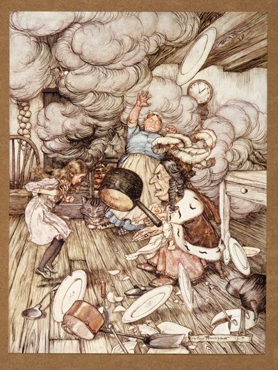 Niezwykle duży rondel przeleciał w pobliżu i prawie go uniósł, z „Alices Adventures in Wonderland” Lewisa Carrolla, wyd. 1907 autorstwa Arthur Rackham