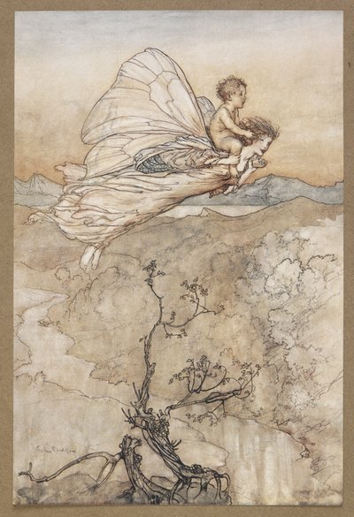 ... A jej wróżka wysłała go do mojej altany w baśniowej krainie ”. Wróżka odleciała z podmieńcem. Kadr z filmu „Sen nocy letniej”. autorstwa Arthur Rackham