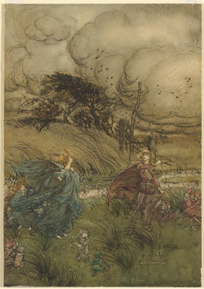 „A teraz nigdy nie spotykają się w zagajniku ani w zieleni” z aktu 2, scena 1 Snu nocy letniej Williama Szekspira autorstwa Arthur Rackham