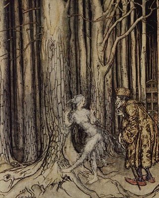 W końcu spotkała pana młodego, który powoli wracał, ilustracja do Fitchers Bird z filmu Little Brother, Little Sister braci Grimm, 1917 (toaleta, pióro i atrament) autorstwa Arthur Rackham
