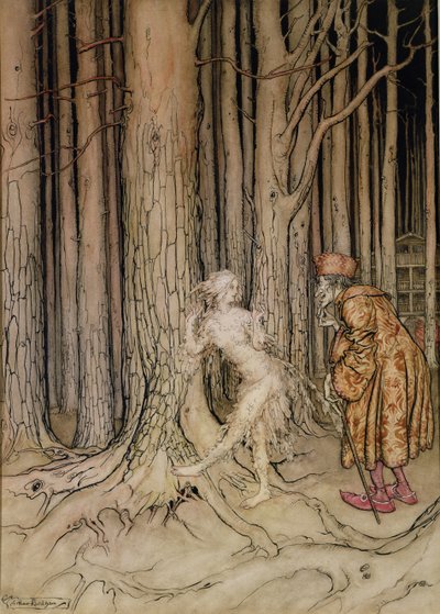 W końcu spotkała pana młodego, który powoli wracał, ilustracja do Fitchers Bird, z Little Brother, Little Sister, braci Grimm, 1917 (toaleta i pióro i atrament na papierze) (patrz także 28797) autorstwa Arthur Rackham