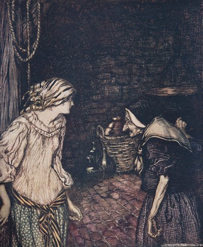 W końcu dotarła do piwnicy, a tam znalazła starą, staruszkę z kręcącą głową…, z The Fairy Tales of the Brothers Grimm, pub. 1909 autorstwa Arthur Rackham
