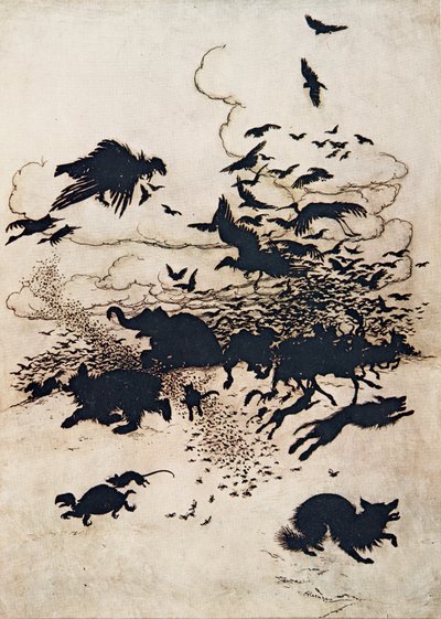 Przy trzecim ukłuciu Lis wrzasnął i wpadł ogonem między nogi…, z The Fairy Tales of the Brothers Grimm, pub. 1909 autorstwa Arthur Rackham