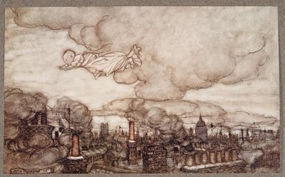 Z dala poleciał tuż nad domami do Ogrodów, od Piotrusia Pana w Kensington Gardens JM Barrie (1860 - 1937), wyd. 1906 autorstwa Arthur Rackham
