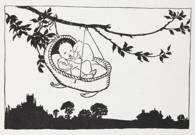 Dziecko w łóżeczku zwisającym z gałęzi. autorstwa Arthur Rackham