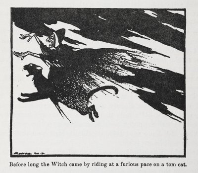 Wkrótce nadjechała Czarownica, jadąc w szalonym tempie na kocurku”. autorstwa Arthur Rackham