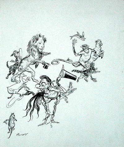 „Ptaki, zwierzęta i ryby przemykały w pomieszanych masach”, ilustracja z „Zankiwank i czarodziejka”, autorstwa S.J. Adair Fitzgerald, opublikowany 1896 (pióro i atrament na papierze) autorstwa Arthur Rackham