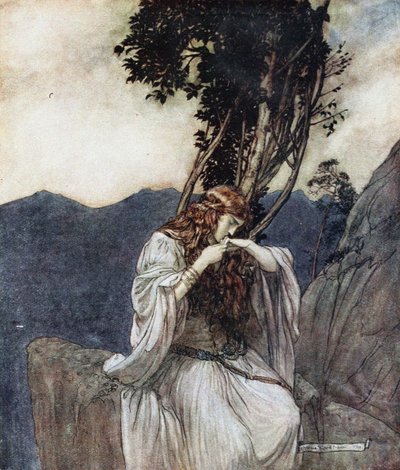 Brunhilda całuje pierścień, który zostawił jej Zygfryd. Ilustracja do Zygfryda i The Twi autorstwa Arthur Rackham