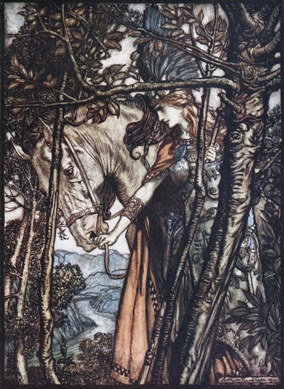 Brunhilda prowadzi konia za uzdę. Ilustracja do Złota Renu i Walkirii autorstwa Richa autorstwa Arthur Rackham