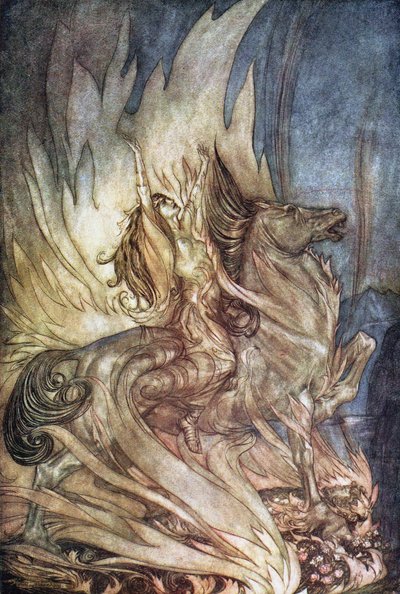 Brünnhilde on Grane wskakuje na stos pogrzebowy Zygfryda. Ilustracja do Zygfryda i Tw autorstwa Arthur Rackham
