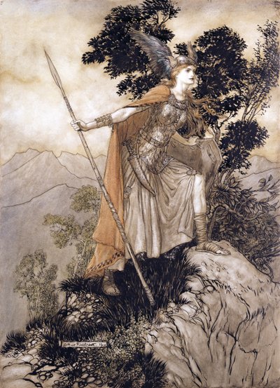 Brunhilda, ilustracja ze Złota Renu i Walkirii Richarda Wagnera, 1910 (pióro i atrament, wc na papierze) autorstwa Arthur Rackham
