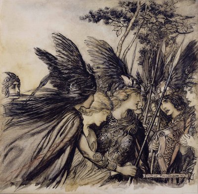 Brunhilda błaga Walkirie, ilustracja z Złoto Renu i Walkiria, Richard Wagner, wydanie opublikowane 1910 (pióro, atrament i toaleta na papierze) autorstwa Arthur Rackham