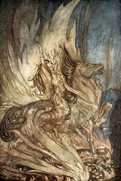 „Brunnhilde on Grane wskakuje na stos pogrzebowy Zygfryda”, 1924. autorstwa Arthur Rackham