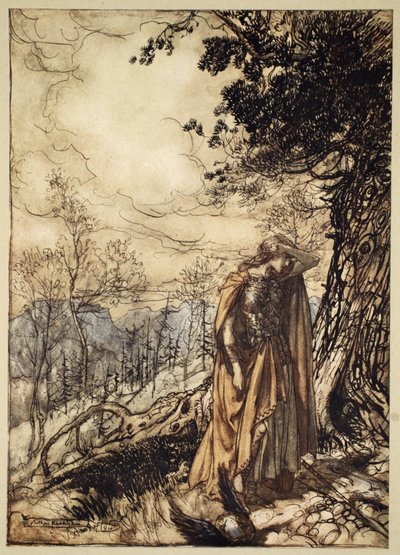 Brunhilda długo stoi, oszołomiona i zaniepokojona, ilustracja z „Złoto Renu i Walkiria” autorstwa Arthur Rackham