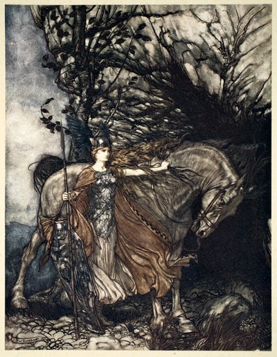 „Brunnhilda z koniem u wejścia do jaskini”, 1910. autorstwa Arthur Rackham