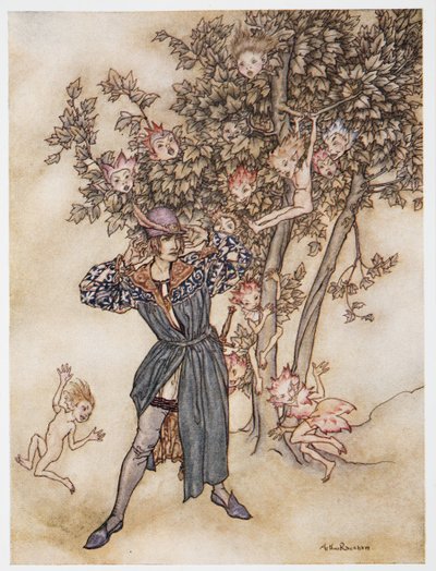 Burthen (rozproszony) Hark Hark!, ilustracja z Burzy Williama Szekspira, wyd. 1926 autorstwa Arthur Rackham