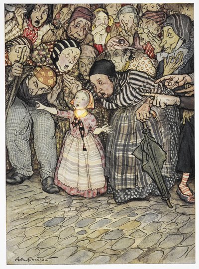 „Ale on w ogóle nie ma na sobie nic” – powiedziało małe dziecko. Kolorowa ilustracja do opowiadania „Nowe szaty cesarza”. autorstwa Arthur Rackham