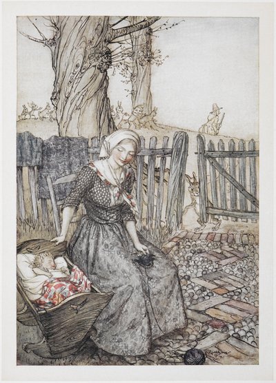 Żegnaj, dziecinko. Matka z dzieckiem w łóżeczku. Ojciec idzie na polowanie w tle. autorstwa Arthur Rackham