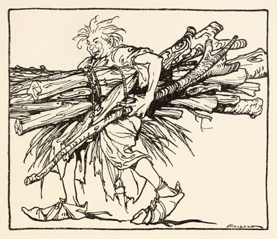 Carl budujący schronienie na noc, z filmu „Carl of the Drab Coat” w irlandzkich bajkach autorstwa Arthur Rackham
