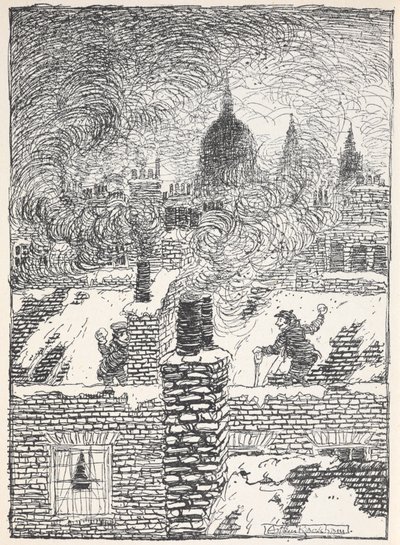 Dzieci bawiące się nocą na dachach w śniegu, z kopułą Bazyliki św. Pawła w oddali. autorstwa Arthur Rackham