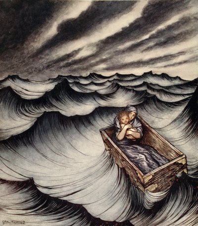 Danae mocno przytuliła swoje dziecko, ilustracja z „Cudownej książki dla dziewczynek i chłopców” Nathaniela Hawthorne