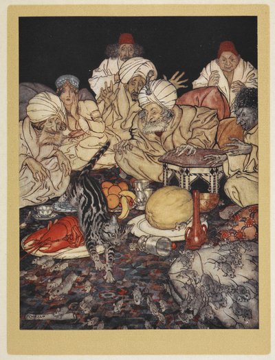 Kot Dicka Whittingtona jadący na myszach Króla Maurów. autorstwa Arthur Rackham