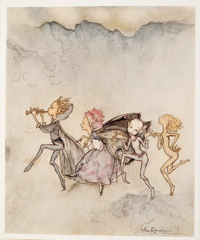 Każdy z nich, potykając się na palcach, będzie tu z mopem i kosiarką, ilustracja z Burzy Williama Shakespearesa, pub. 1926 autorstwa Arthur Rackham