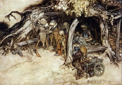 Elfy robią kurtkę, Ilustracja Arthura RACKHAMA (1867-1939) do „Snu letniej nocy” Williama Szekspira autorstwa Arthur Rackham