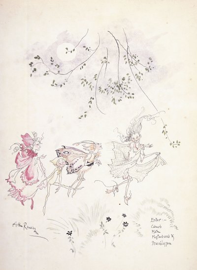 Wpisz: pajęczyna, ćma, nasiona gorczycy i kwiat grochu. Ilustracja do „Snu nocy letniej” Szekspira, ok. 1908 r. autorstwa Arthur Rackham
