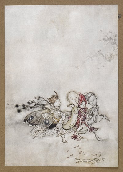 Wchodzą Peaseblossom, Cobweb, Moth i Gorczyca”. Kadr z filmu „Sen nocy letniej”. autorstwa Arthur Rackham