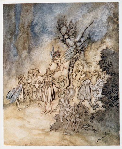 Wkraczają pewni żniwiarze, odpowiednio ustrojeni, ilustracja z pubu Burza Williama Szekspira. 1926 autorstwa Arthur Rackham