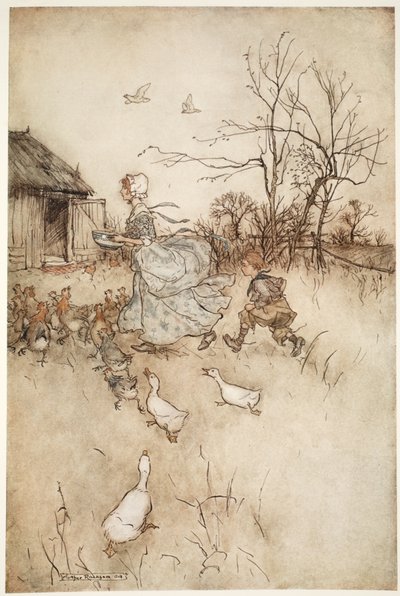Wyposażony w parę odrzuconych przez ojca galligaskin, które miał tyle do trzymania, co piękna dama trenuje przy złej pogodzie, z pubu Rip Van Winkle by Washington Irving. 1910 (kolor li autorstwa Arthur Rackham