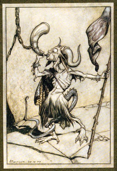 Nim w bramie Baszty Barbakańskiej zadął w róg z głośną dwudziestką trąbą, 1907 autorstwa Arthur Rackham