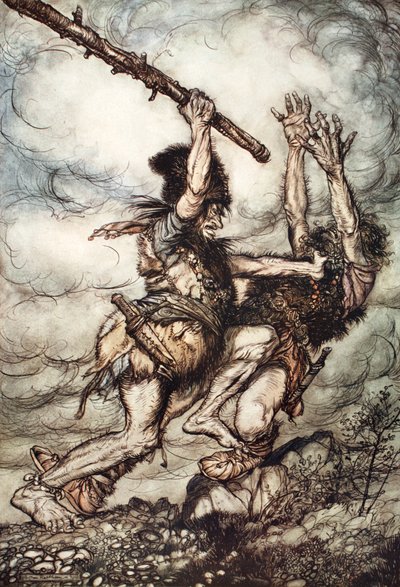„Fafner zabija Fasolta”, 1910. autorstwa Arthur Rackham