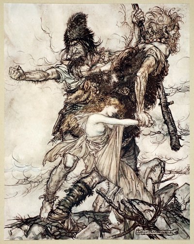„Fasolt nagle chwyta Freię i ciągnie ją na bok z Fafnerem”, 1910. autorstwa Arthur Rackham