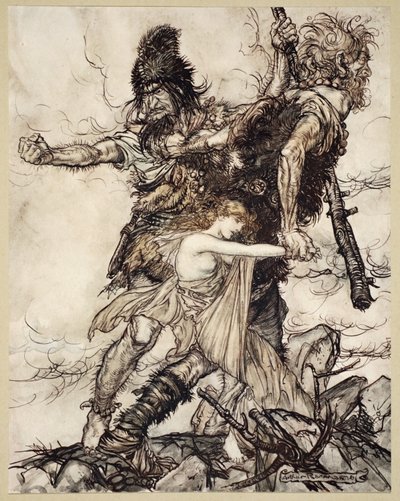 Fasolt nagle chwyta Freię i ciągnie ją na bok z Fafnerem, ilustracja z „Złoto Renu i Walkiria”, 1910 autorstwa Arthur Rackham
