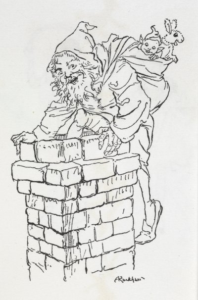 Święty Mikołaj wspina się do komina z prezentami autorstwa Arthur Rackham