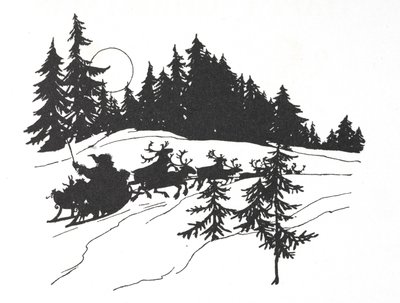 Święty Mikołaj podróżuje przez zaśnieżony las na swoich saniach autorstwa Arthur Rackham